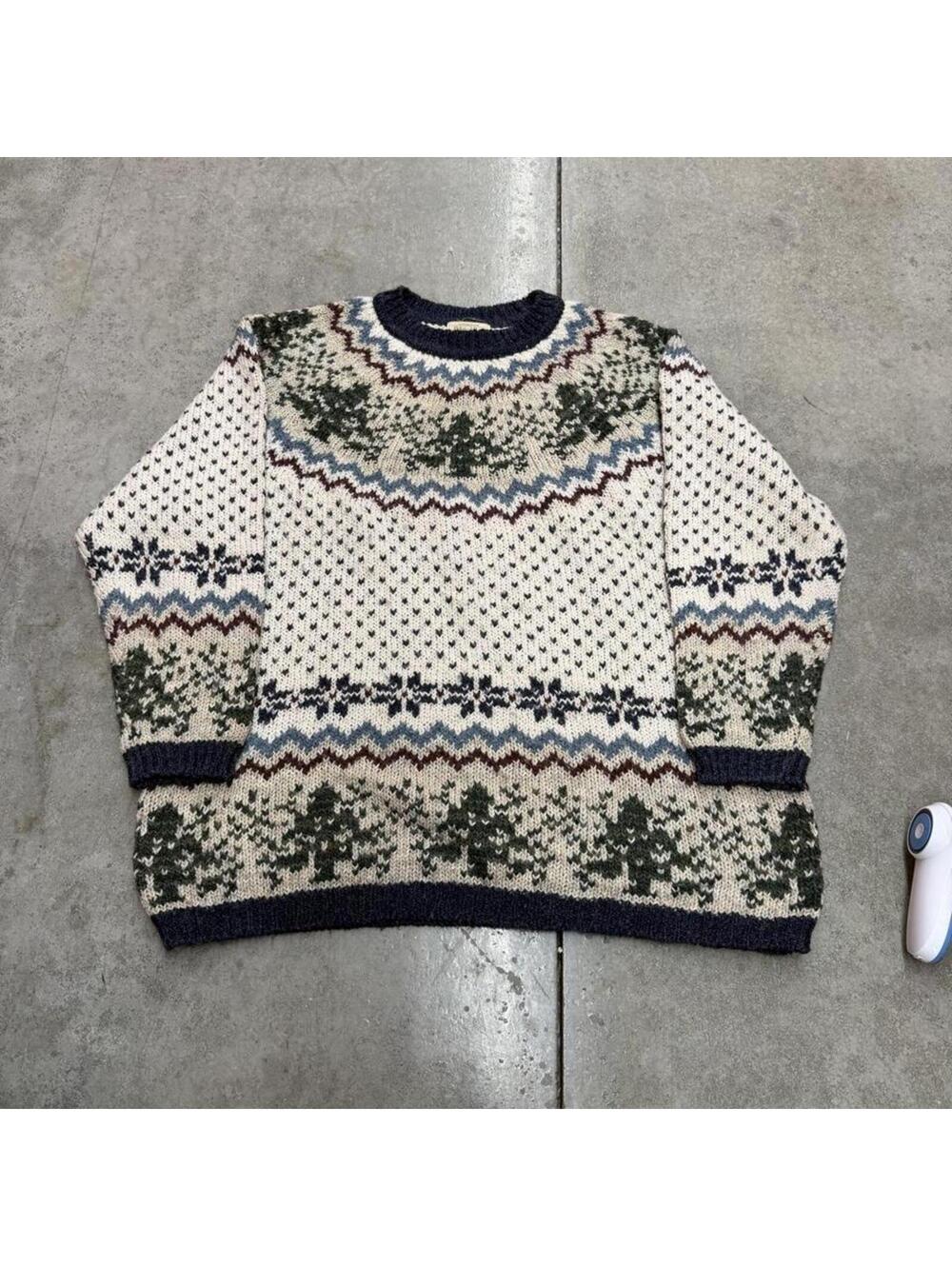 vintage st johns bay white and blue striped tree knit sweater size xl